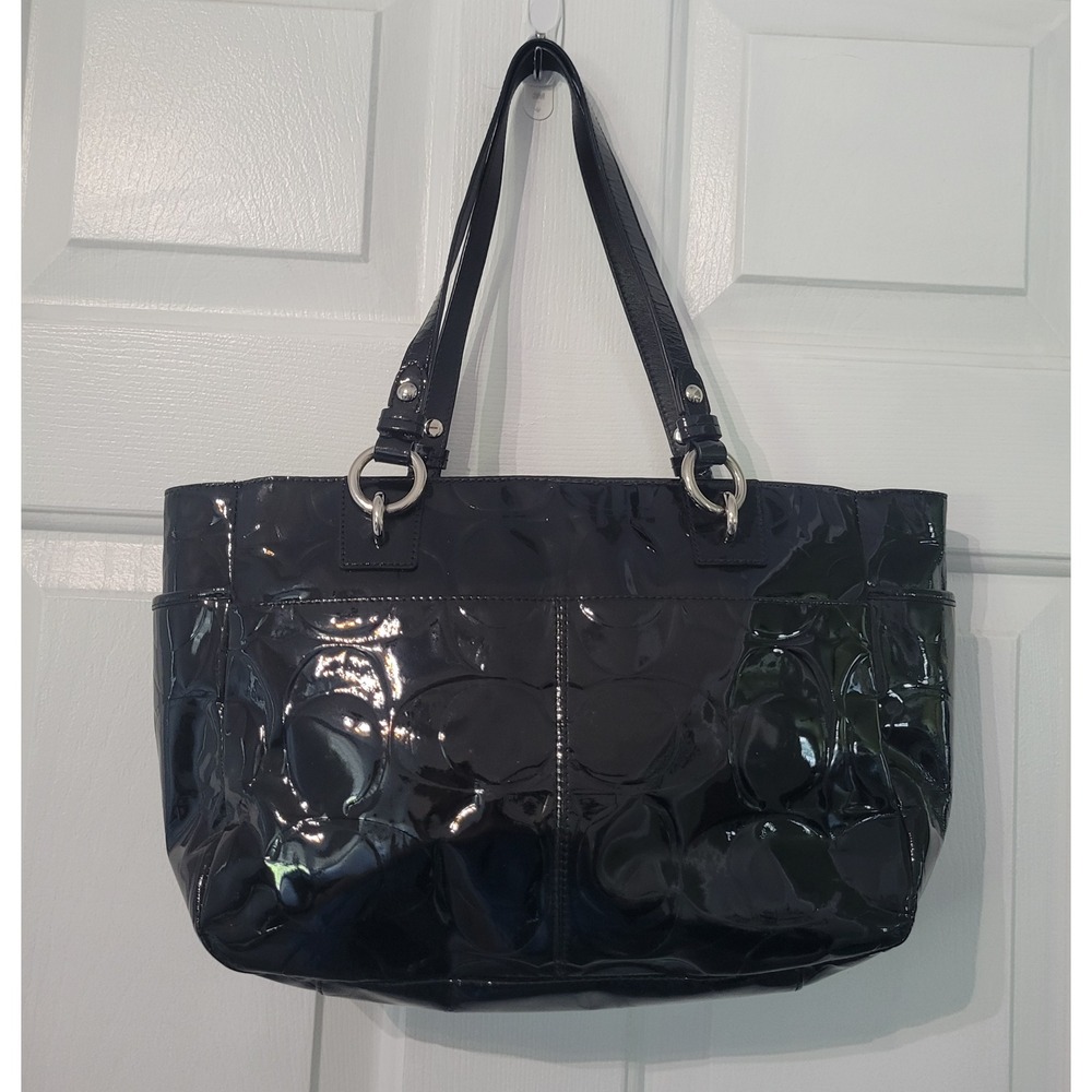 Vintage Coach Patent Leather Tote Purse Black Signature C Monogram Shoulder Bag - Picture 2 of 16